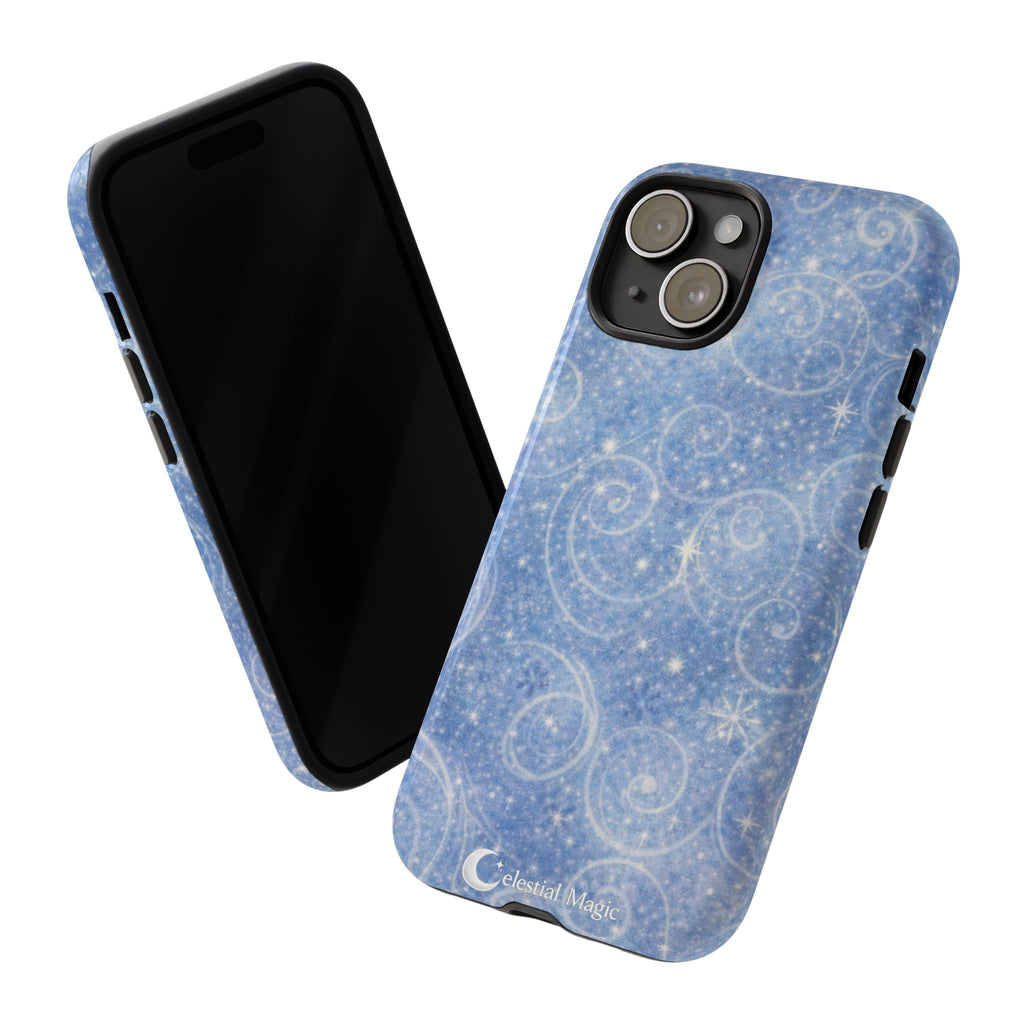 Blue Sparkle Swirl Phone Case — Glittery Winter Snowflake Design
