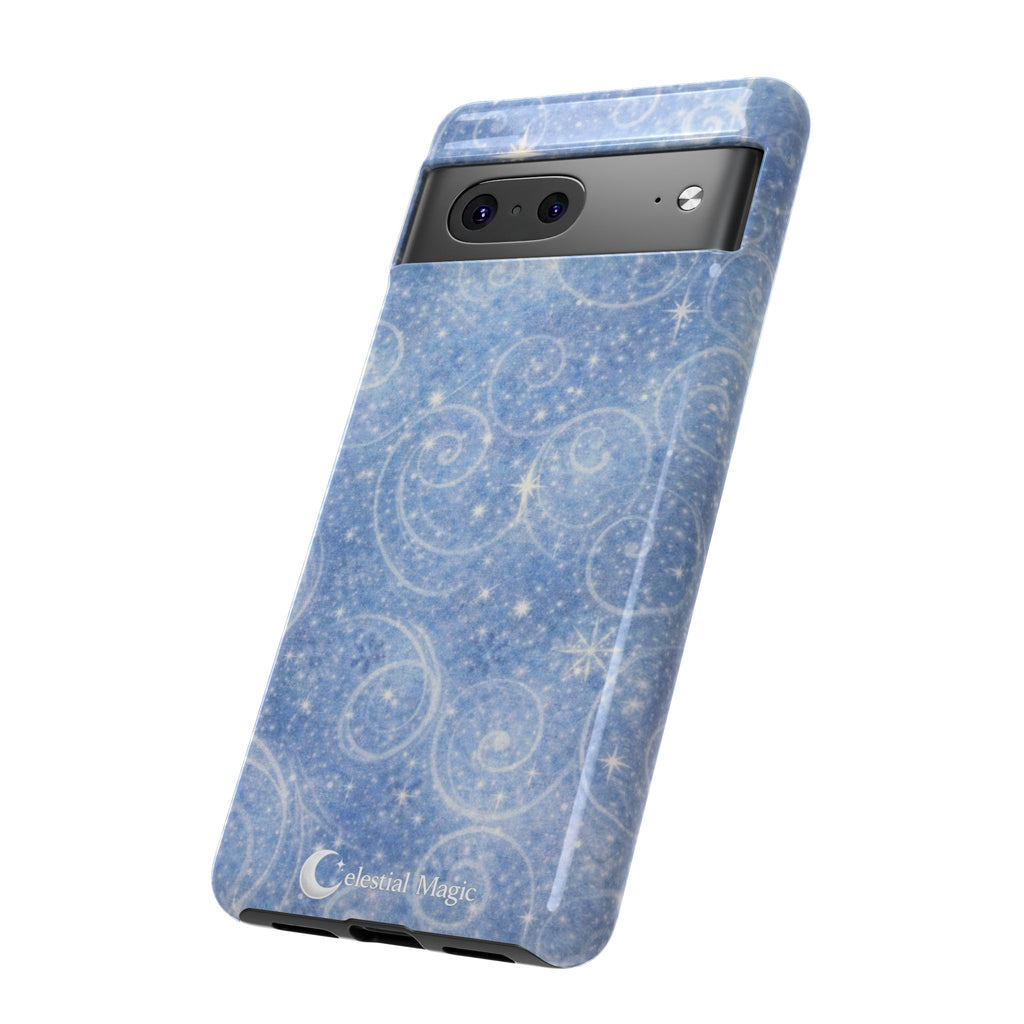 Blue Sparkle Swirl Phone Case — Glittery Winter Snowflake Design