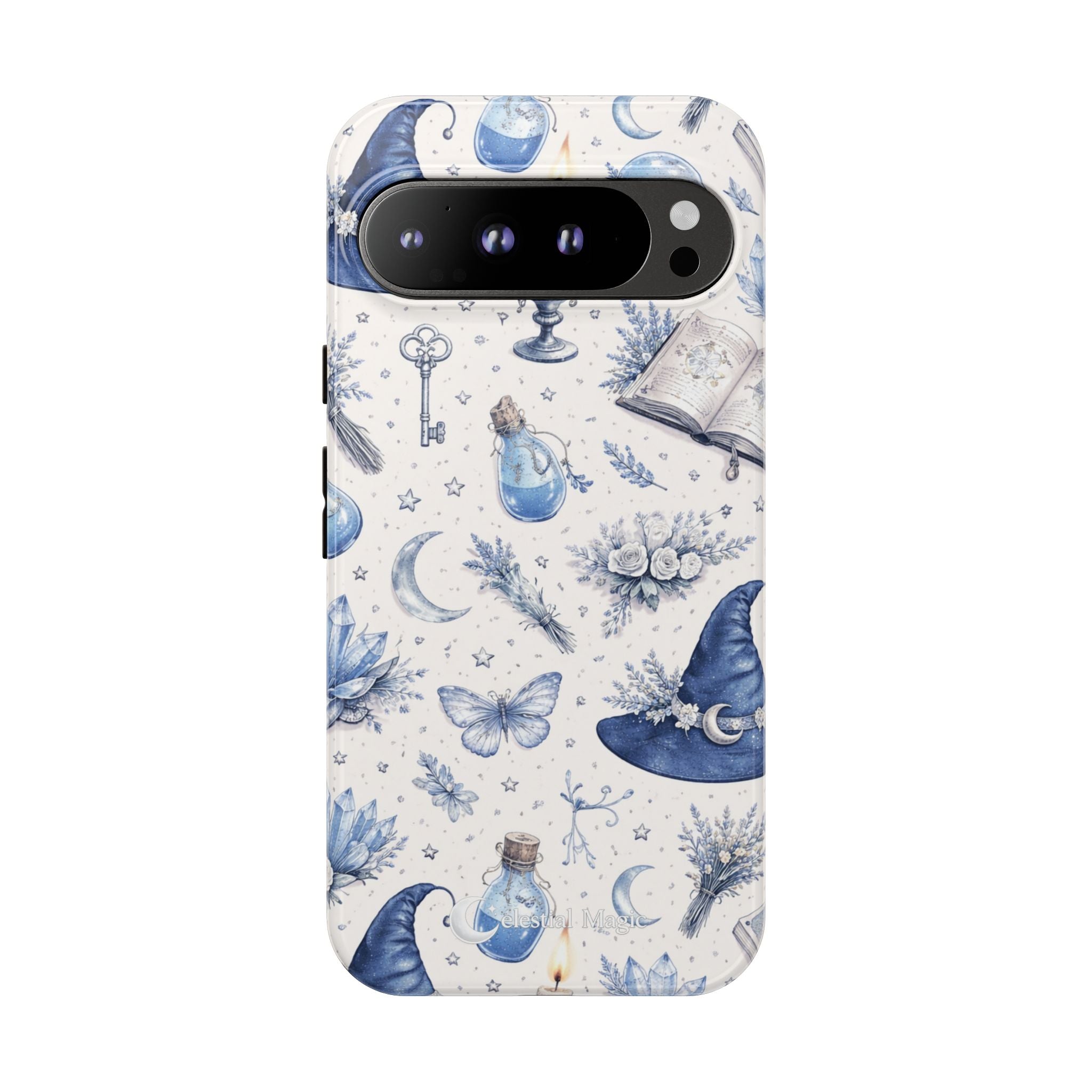 Mystic Blue Witchy Phone Case — Magical Crystal, Potion & Moon Pattern
