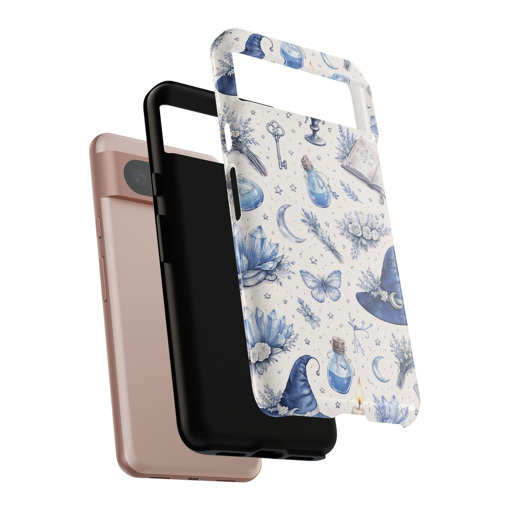 Mystic Blue Witchy Phone Case — Magical Crystal, Potion & Moon Pattern