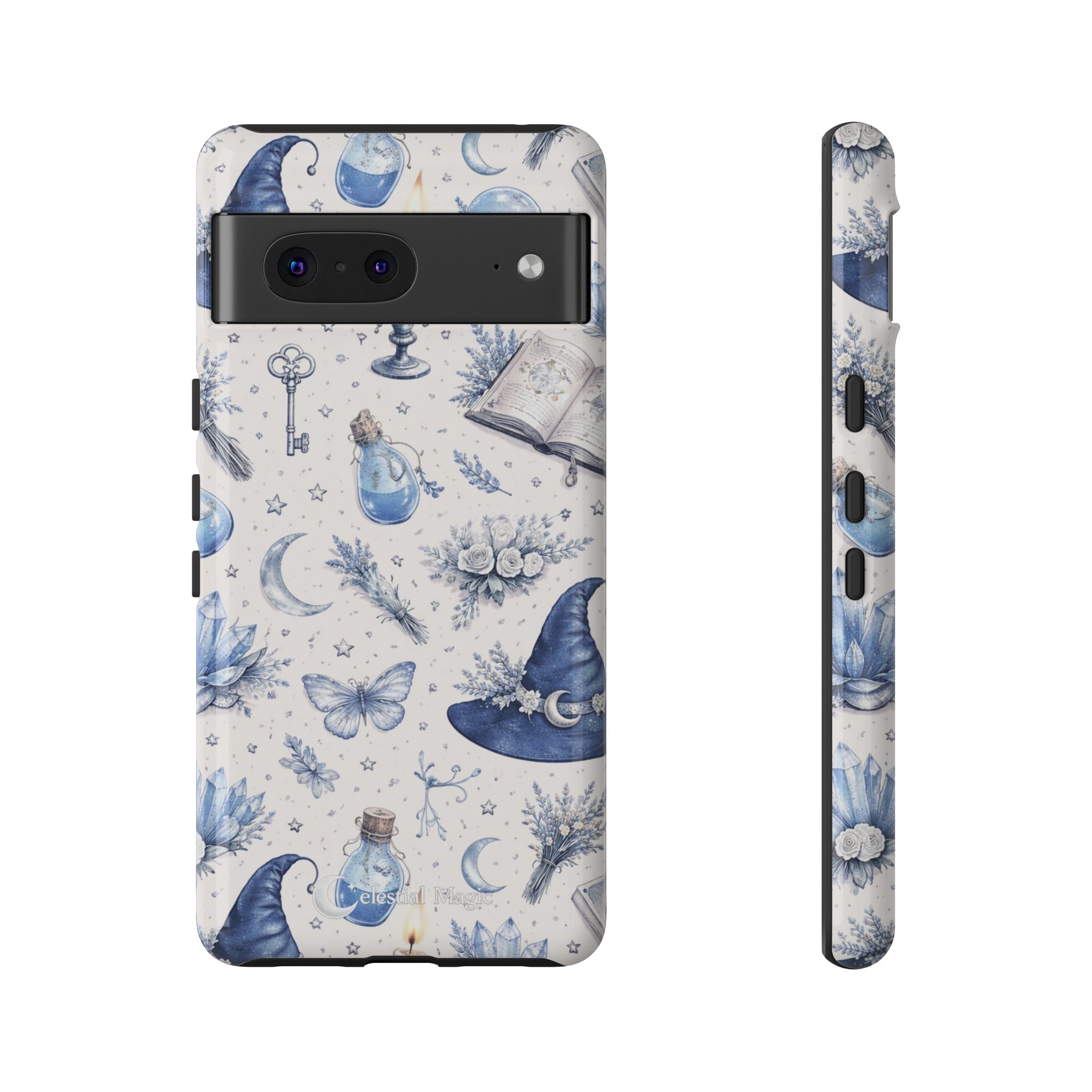 Mystic Blue Witchy Phone Case — Magical Crystal, Potion & Moon Pattern