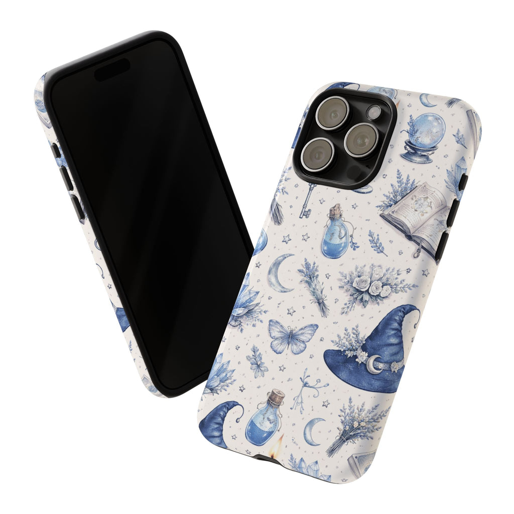 Mystic Blue Witchy Phone Case — Magical Crystal, Potion & Moon Pattern