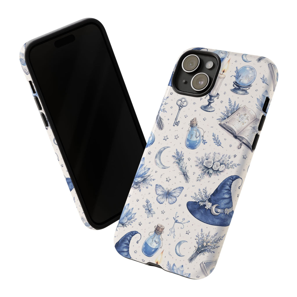 Mystic Blue Witchy Phone Case — Magical Crystal, Potion & Moon Pattern
