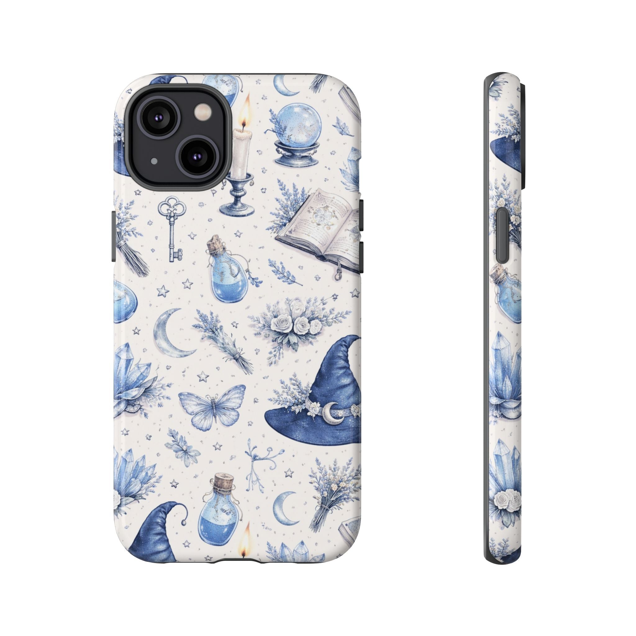 Mystic Blue Witchy Phone Case — Magical Crystal, Potion & Moon Pattern