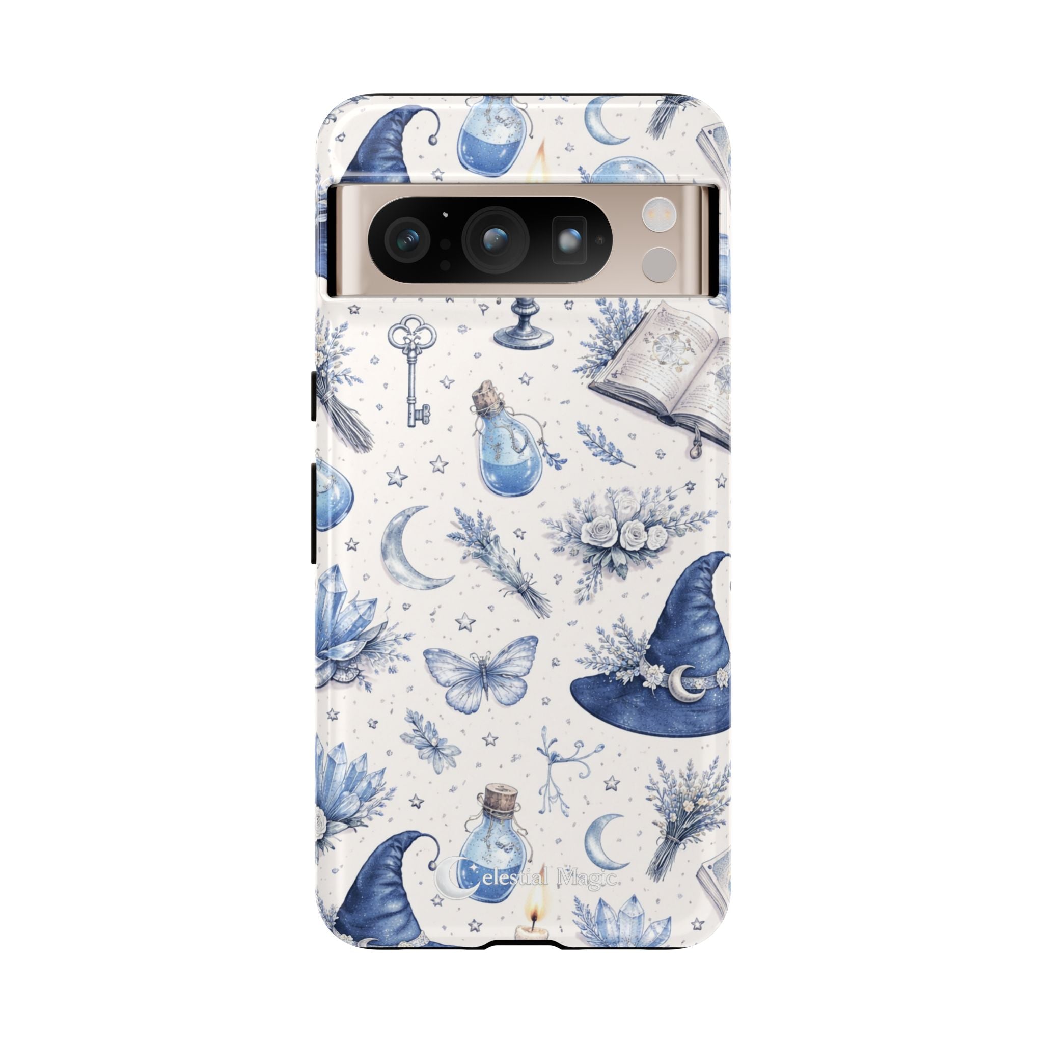 Mystic Blue Witchy Phone Case — Magical Crystal, Potion & Moon Pattern