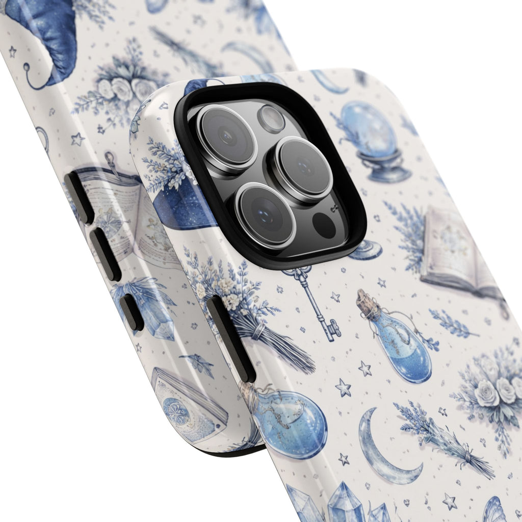 Mystic Blue Witchy Phone Case — Magical Crystal, Potion & Moon Pattern