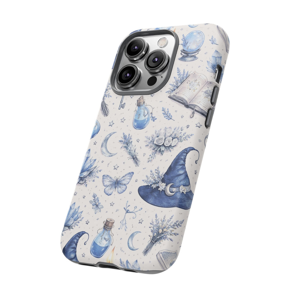 Mystic Blue Witchy Phone Case — Magical Crystal, Potion & Moon Pattern