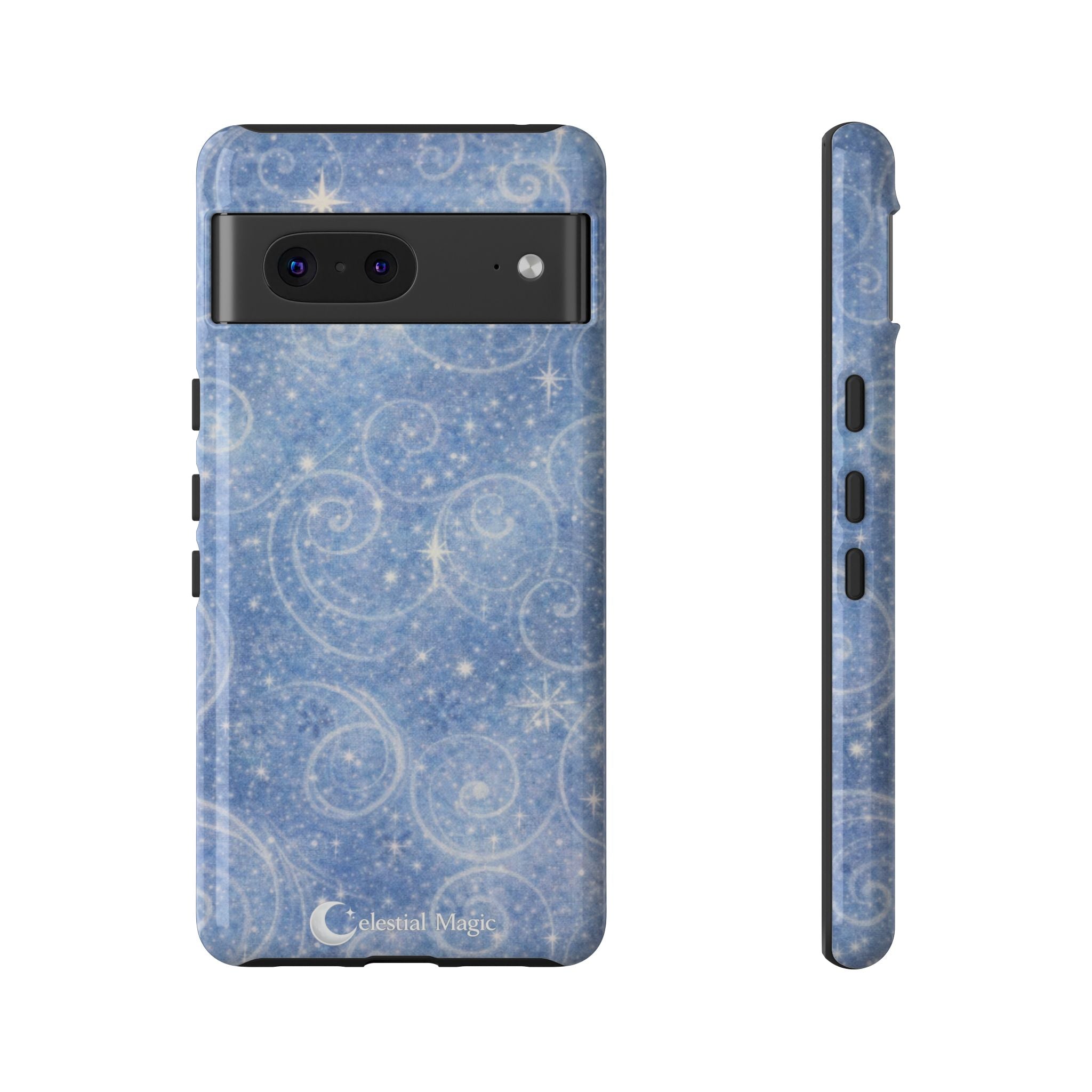 Blue Sparkle Swirl Phone Case — Glittery Winter Snowflake Design