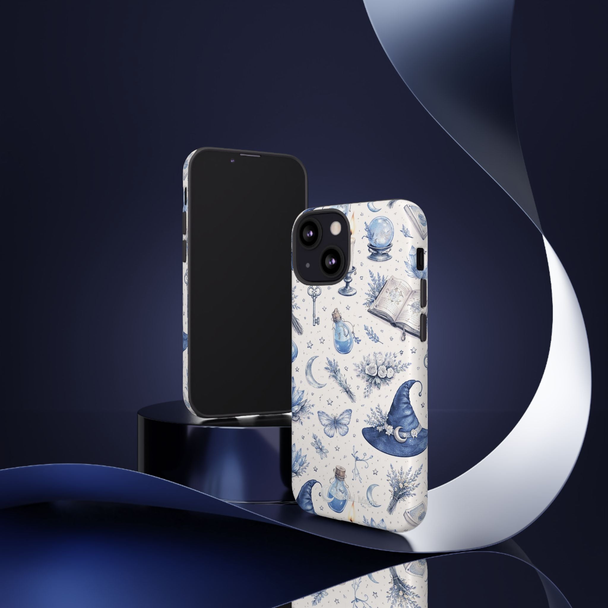 Mystic Blue Witchy Phone Case — Magical Crystal, Potion & Moon Pattern