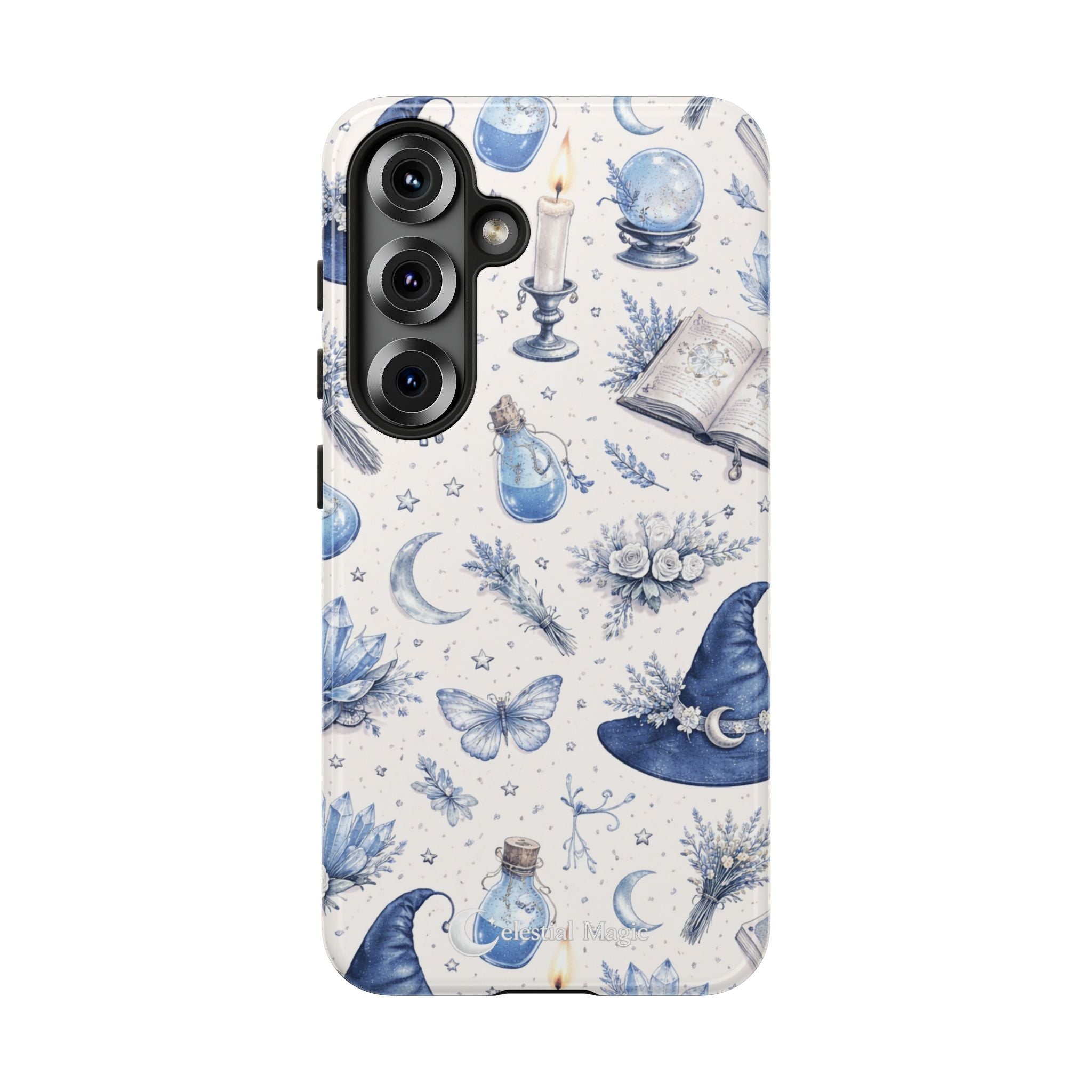 Mystic Blue Witchy Phone Case — Magical Crystal, Potion & Moon Pattern