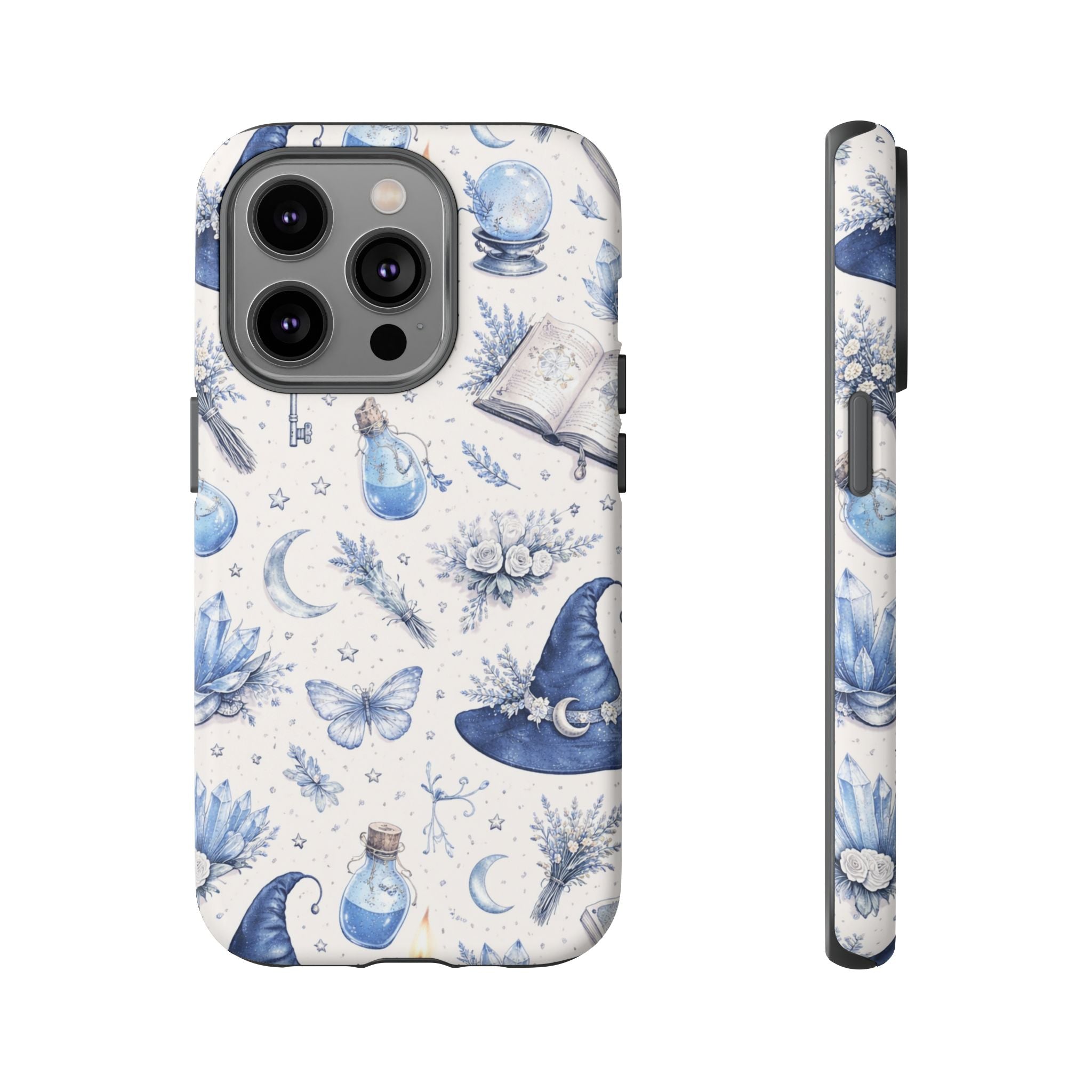 Mystic Blue Witchy Phone Case — Magical Crystal, Potion & Moon Pattern