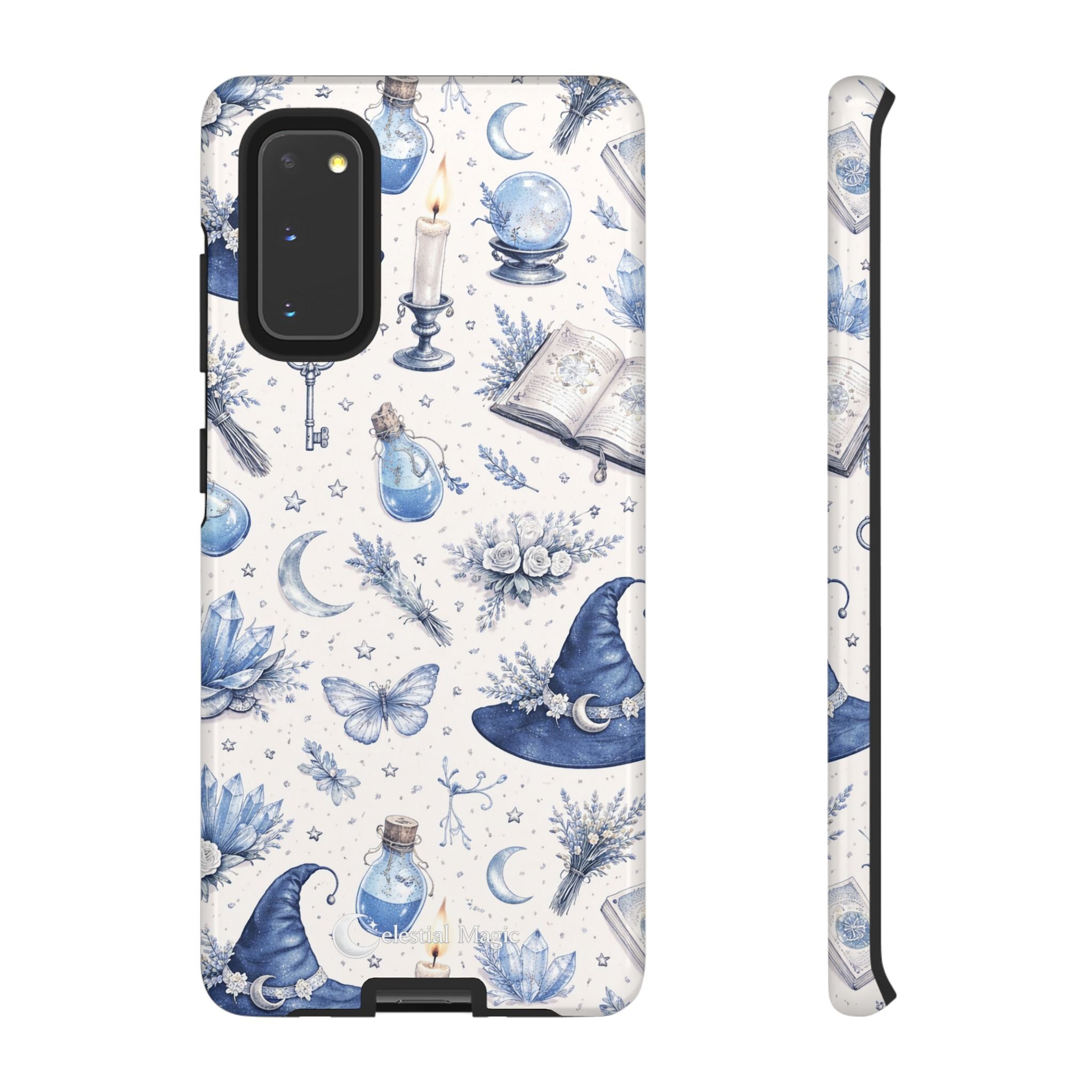 Mystic Blue Witchy Phone Case — Magical Crystal, Potion & Moon Pattern