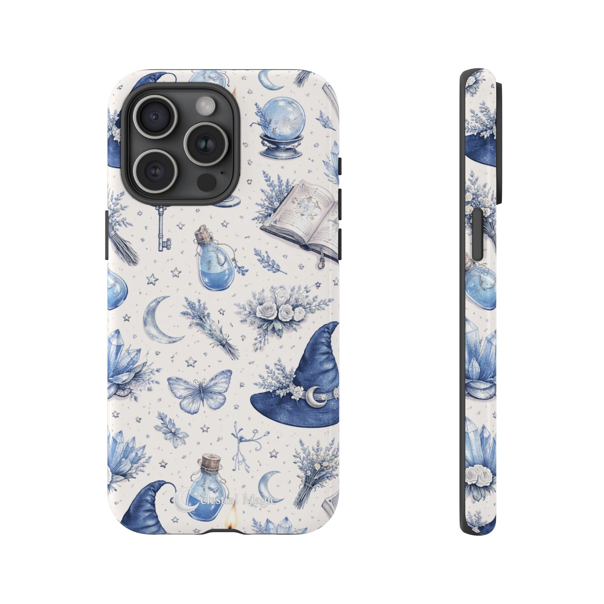 Mystic Blue Witchy Phone Case — Magical Crystal, Potion & Moon Pattern