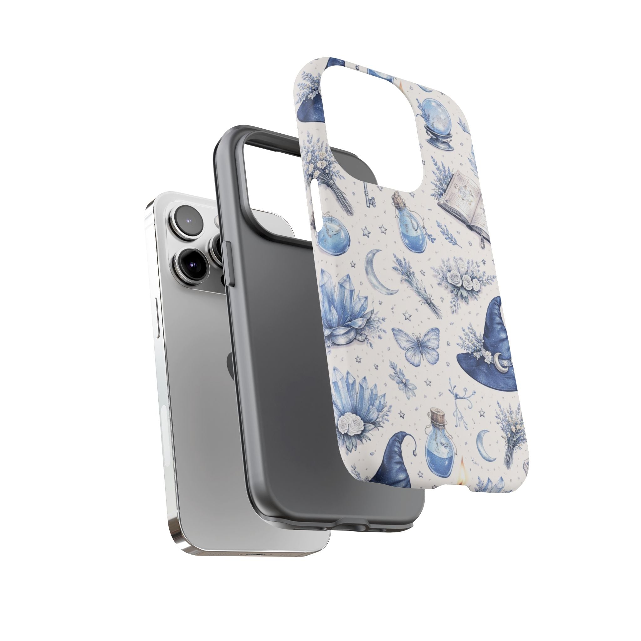 Mystic Blue Witchy Phone Case — Magical Crystal, Potion & Moon Pattern