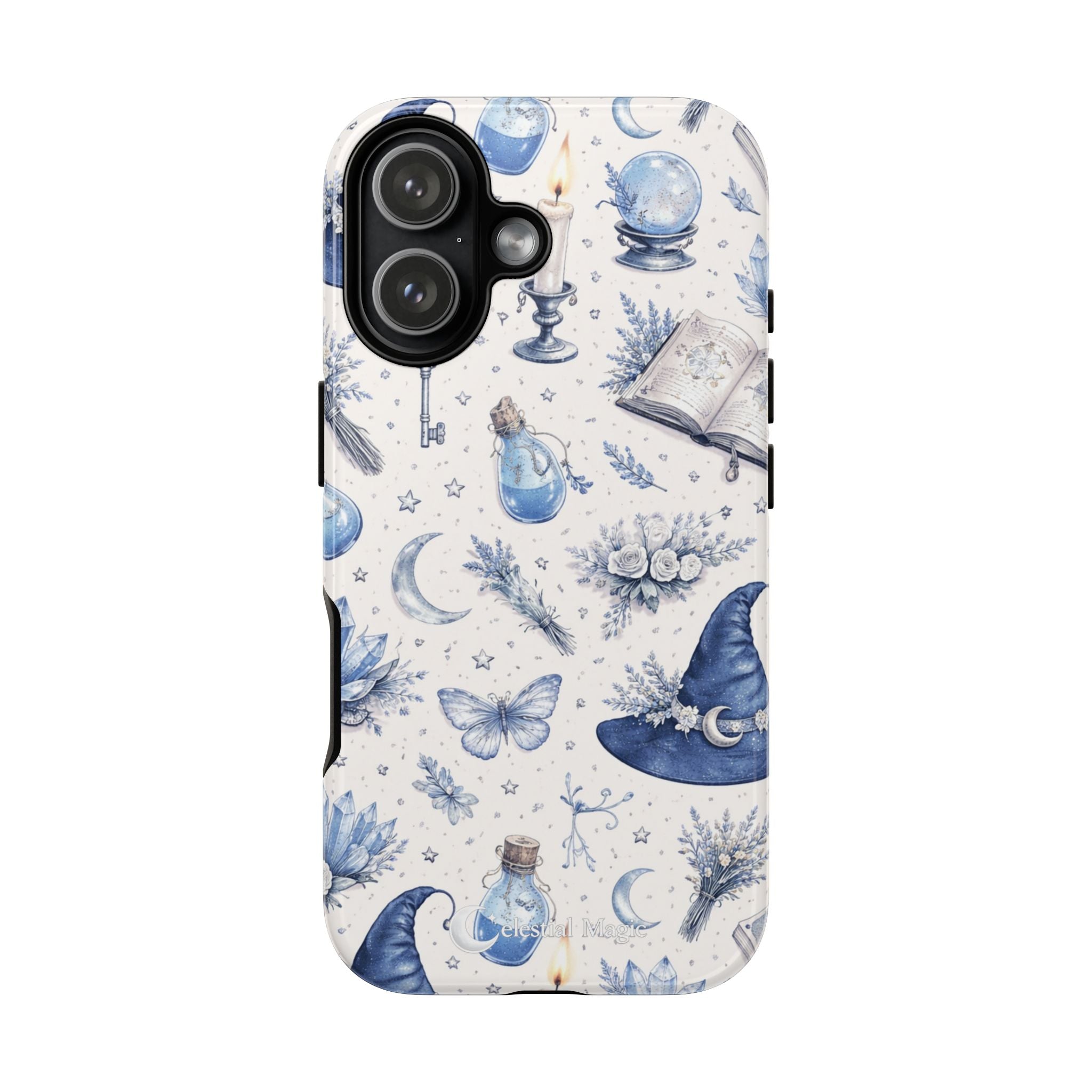 Mystic Blue Witchy Phone Case — Magical Crystal, Potion & Moon Pattern