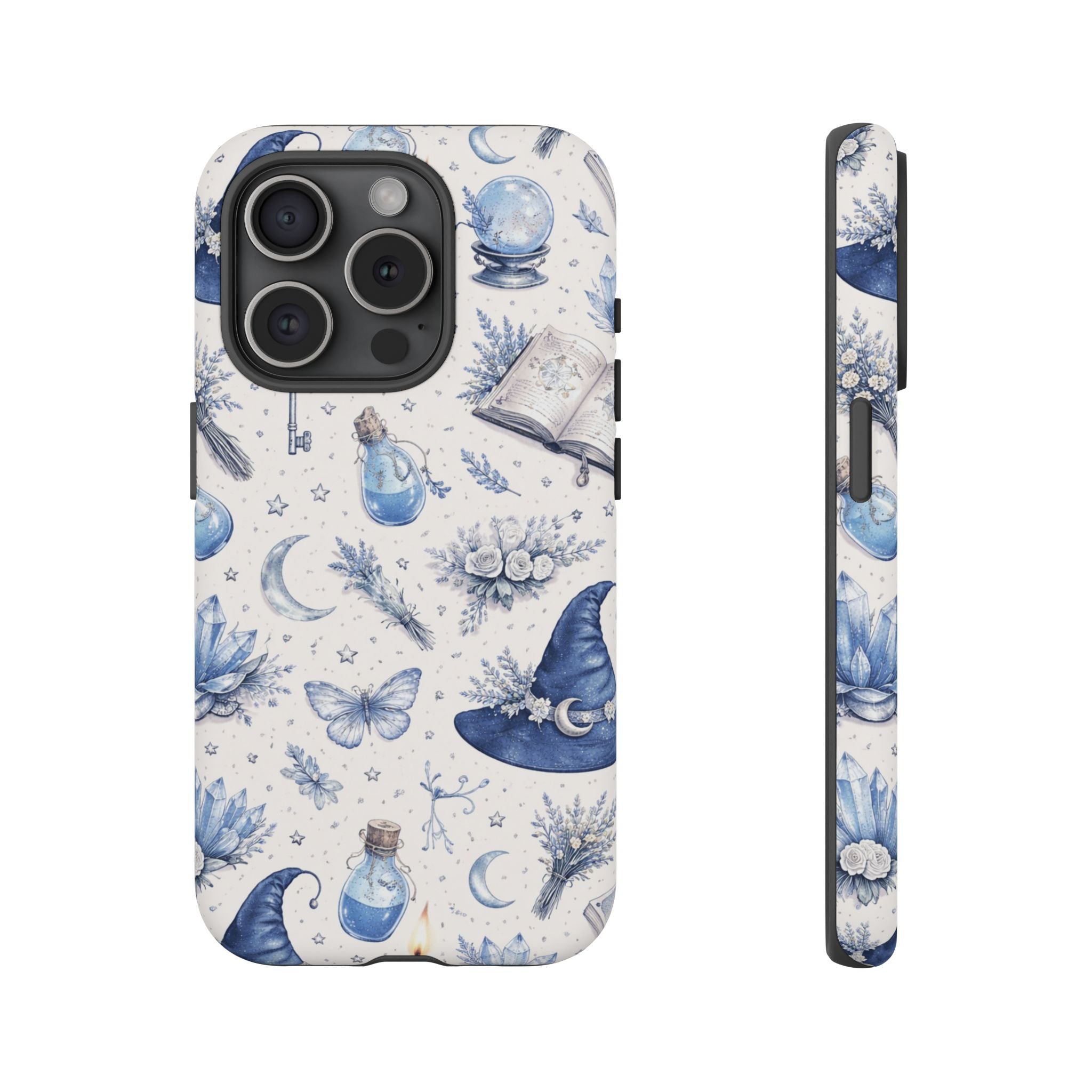 Mystic Blue Witchy Phone Case — Magical Crystal, Potion & Moon Pattern