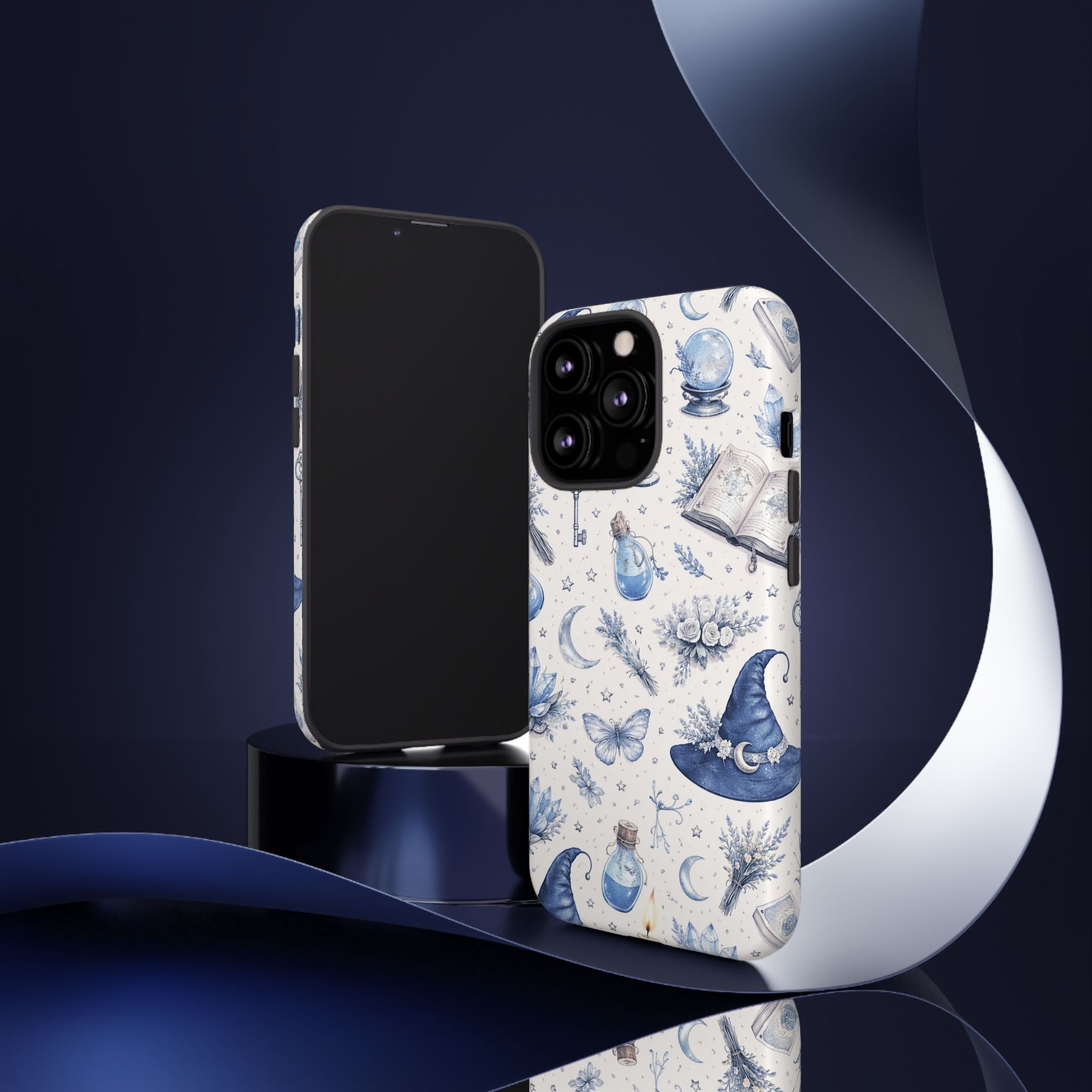 Mystic Blue Witchy Phone Case — Magical Crystal, Potion & Moon Pattern