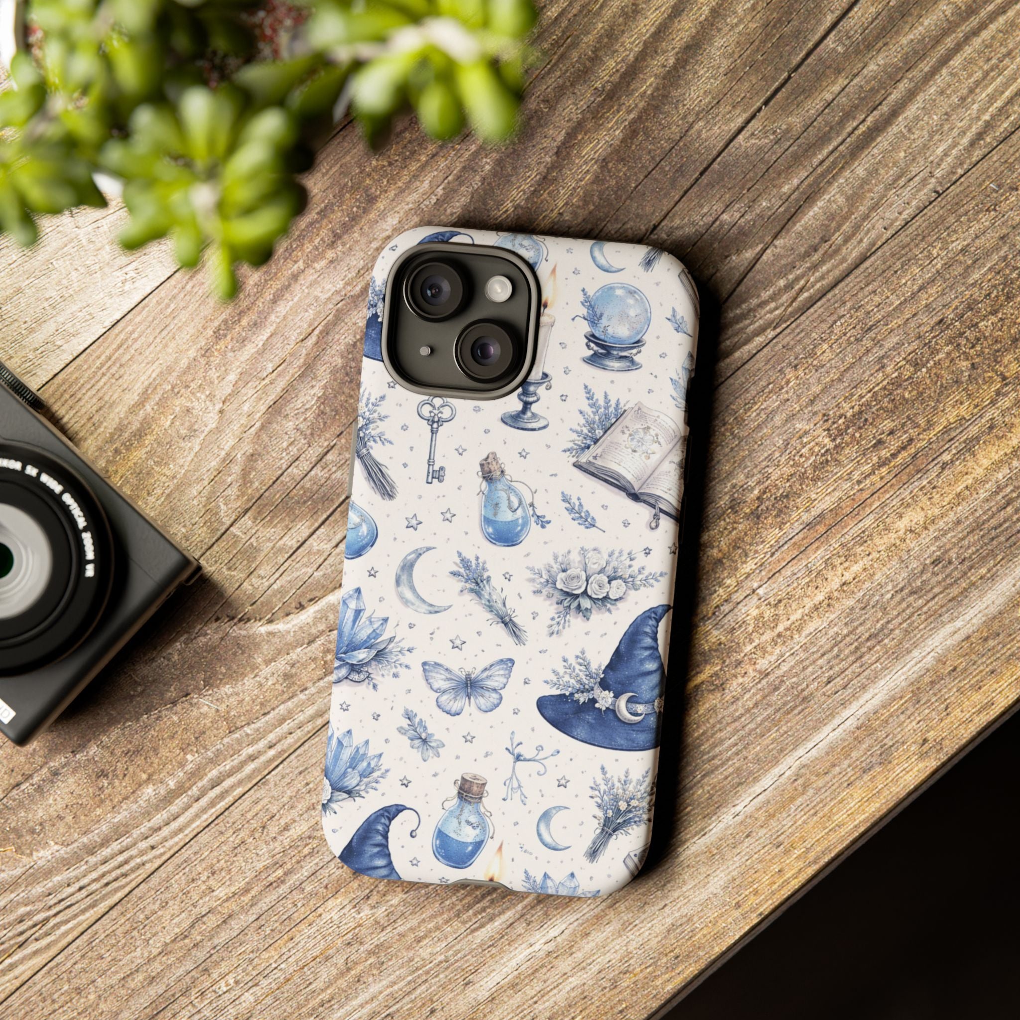 Mystic Blue Witchy Phone Case — Magical Crystal, Potion & Moon Pattern