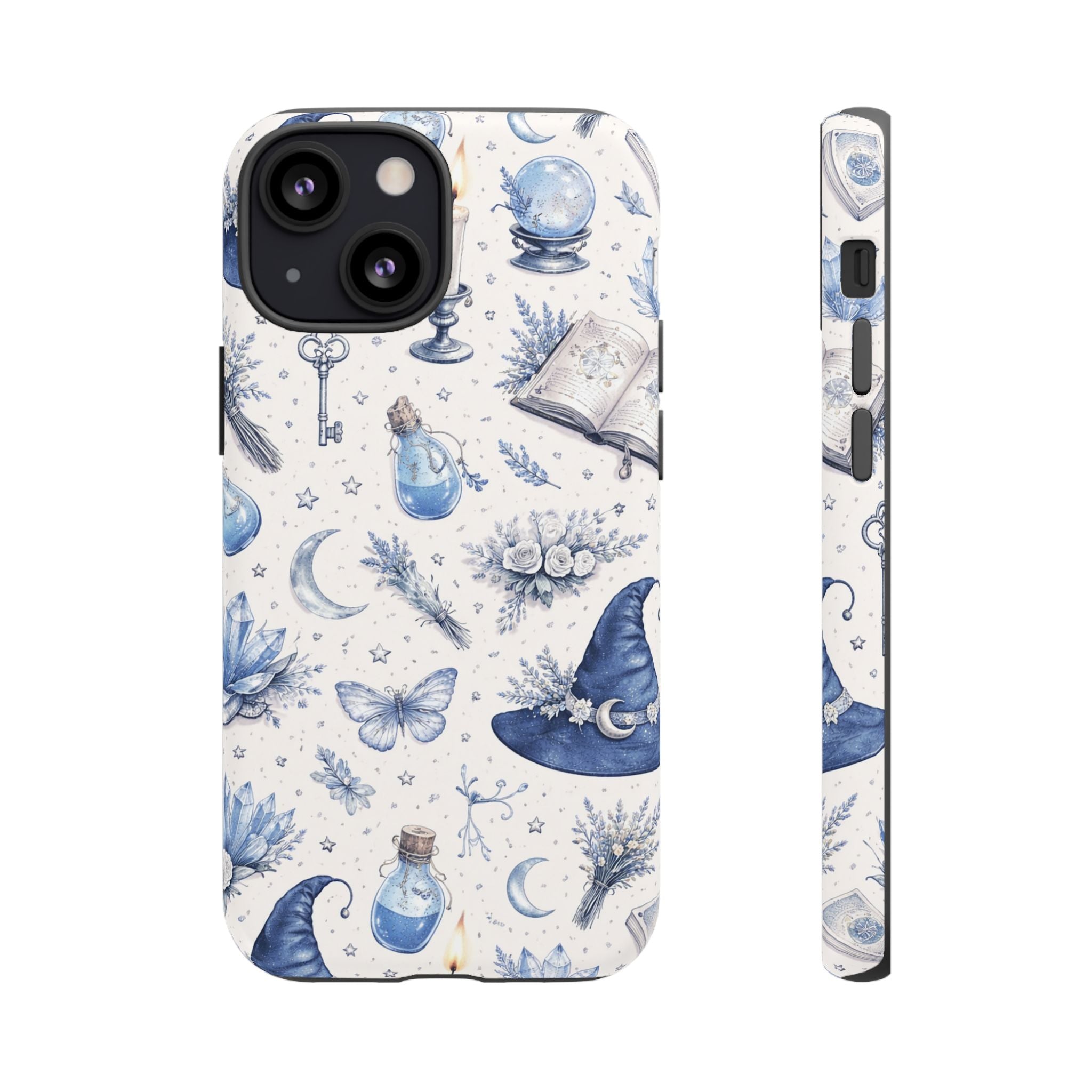 Mystic Blue Witchy Phone Case — Magical Crystal, Potion & Moon Pattern