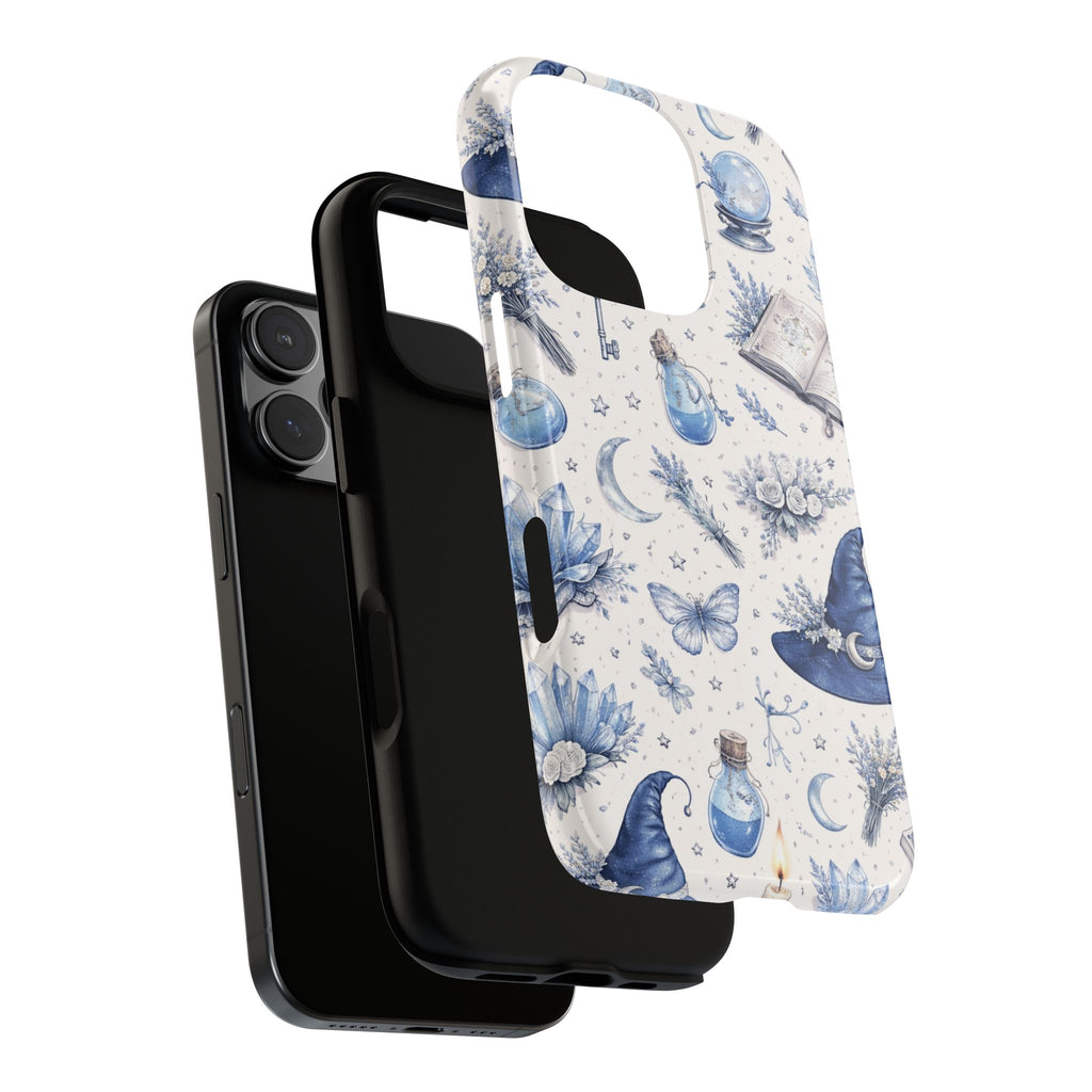 Mystic Blue Witchy Phone Case — Magical Crystal, Potion & Moon Pattern