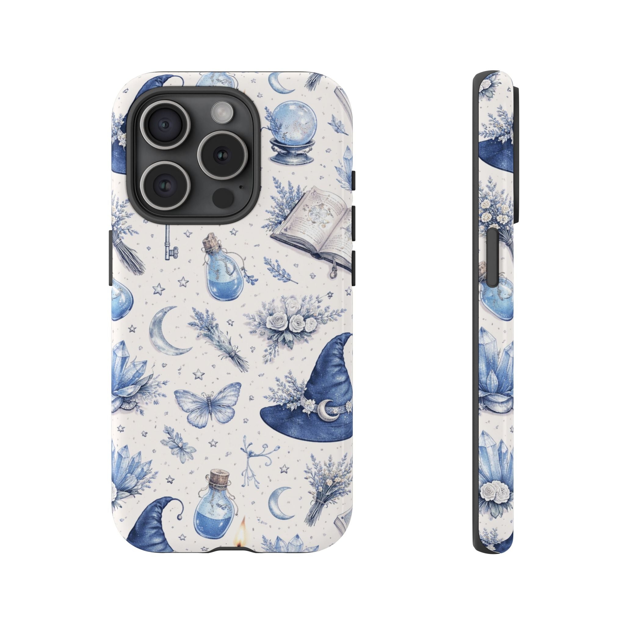 Mystic Blue Witchy Phone Case — Magical Crystal, Potion & Moon Pattern