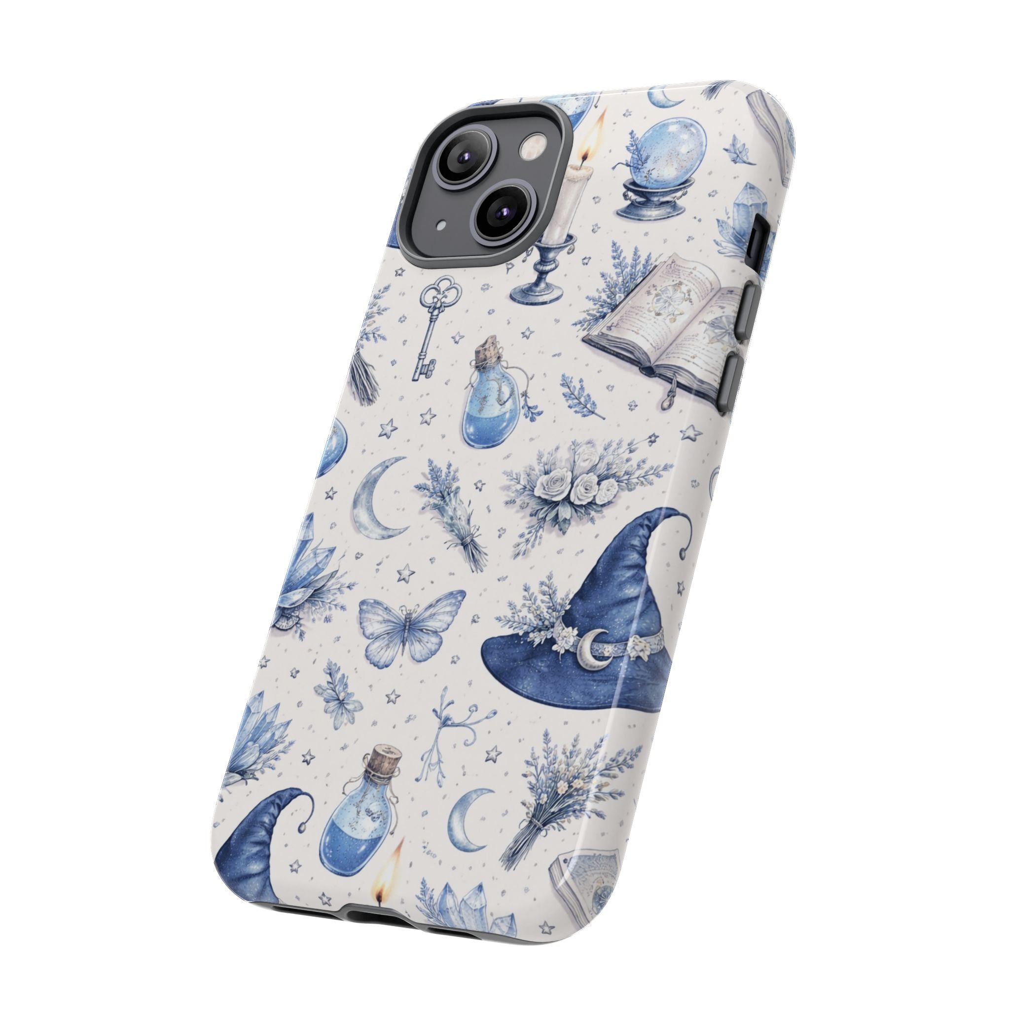 Mystic Blue Witchy Phone Case — Magical Crystal, Potion & Moon Pattern