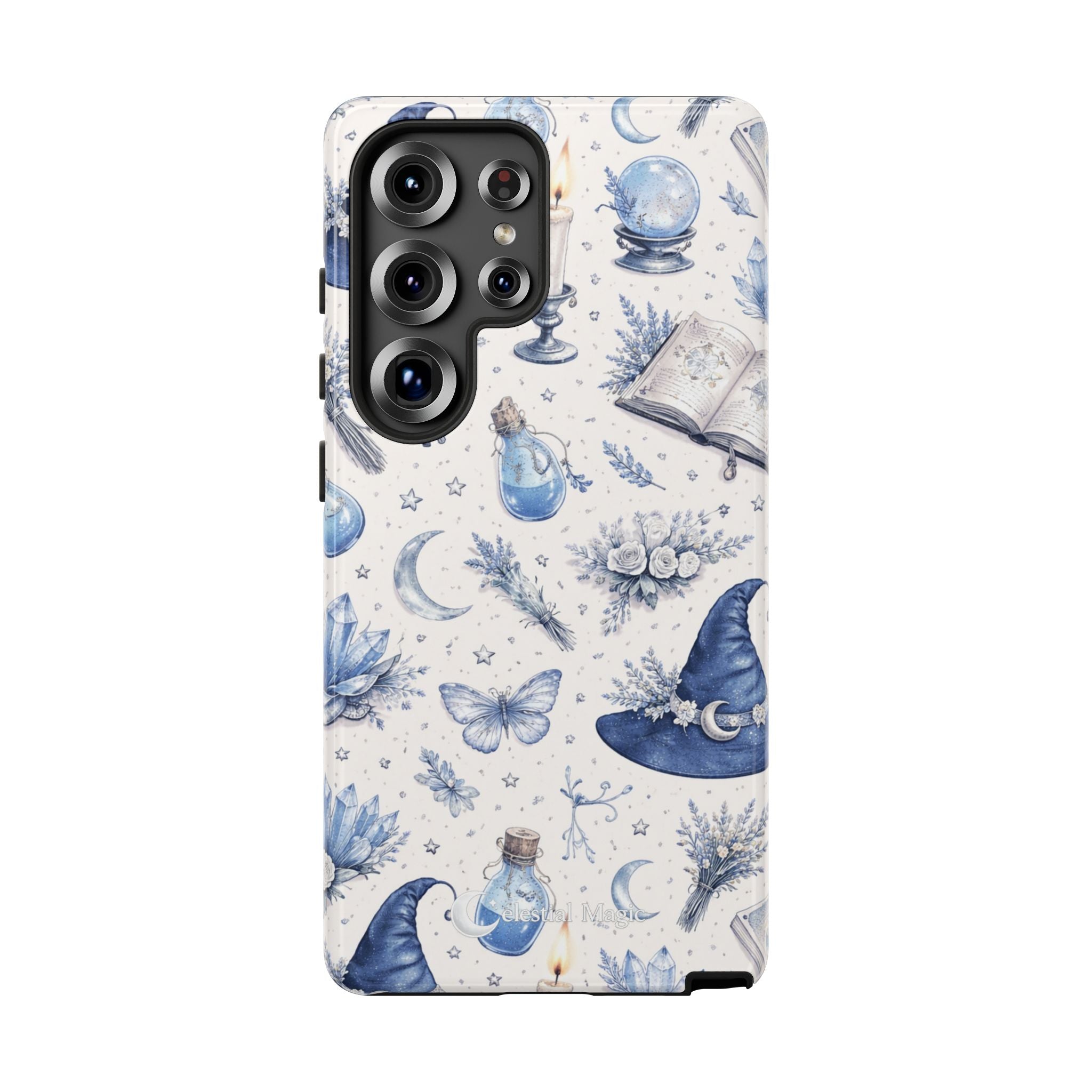 Mystic Blue Witchy Phone Case — Magical Crystal, Potion & Moon Pattern