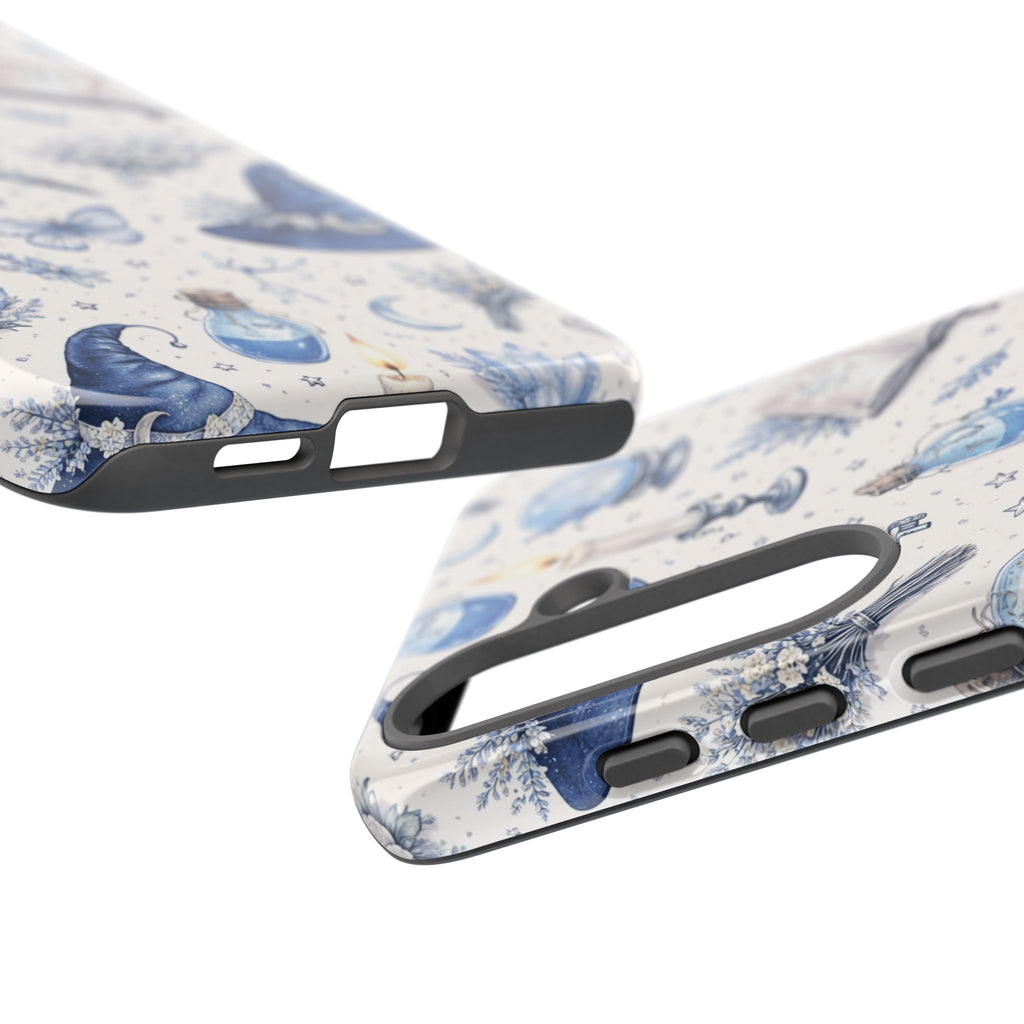 Mystic Blue Witchy Phone Case — Magical Crystal, Potion & Moon Pattern