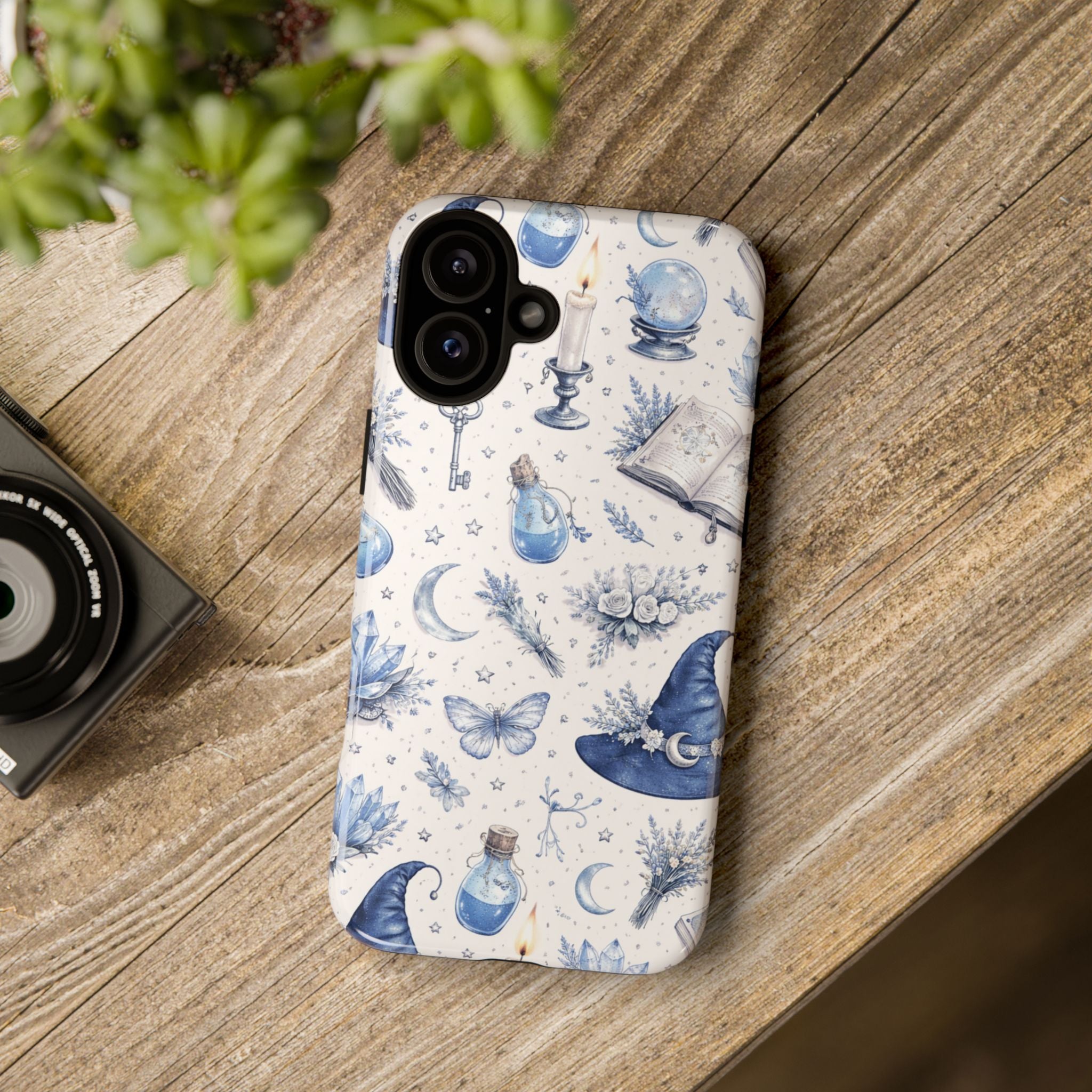 Mystic Blue Witchy Phone Case — Magical Crystal, Potion & Moon Pattern