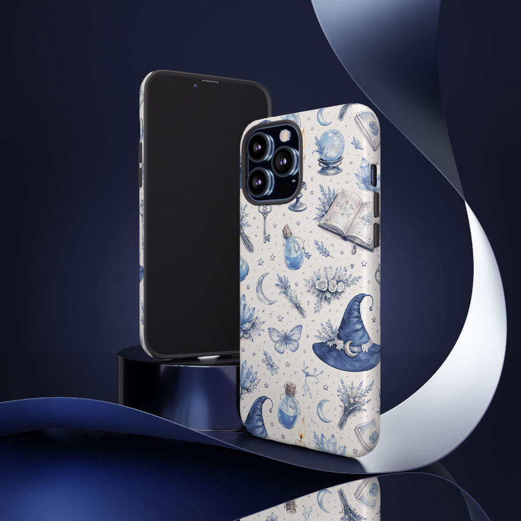 Mystic Blue Witchy Phone Case — Magical Crystal, Potion & Moon Pattern
