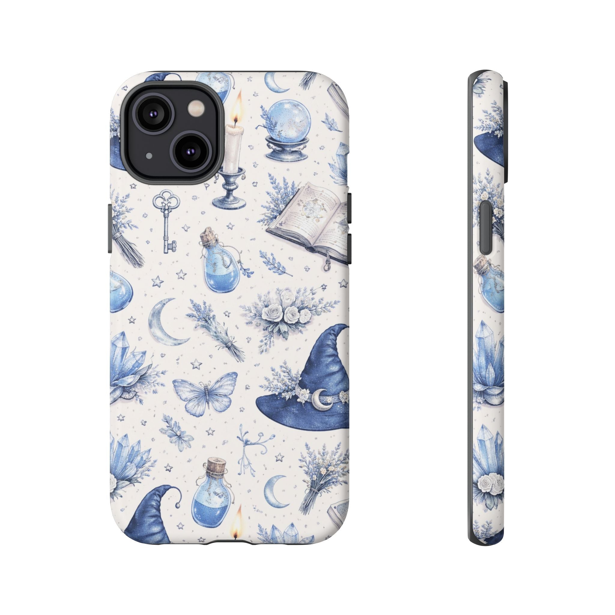Mystic Blue Witchy Phone Case — Magical Crystal, Potion & Moon Pattern