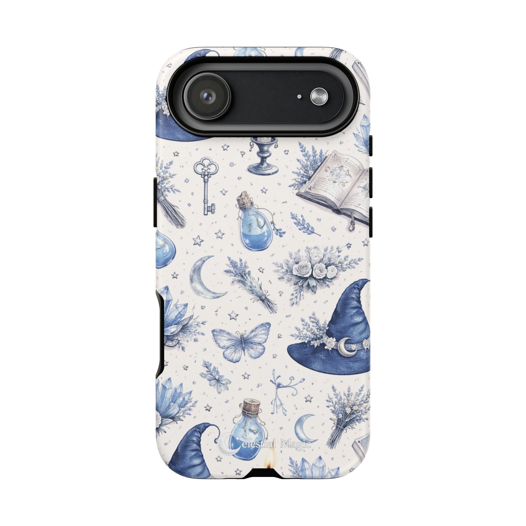 Mystic Blue Witchy Phone Case — Magical Crystal, Potion & Moon Pattern