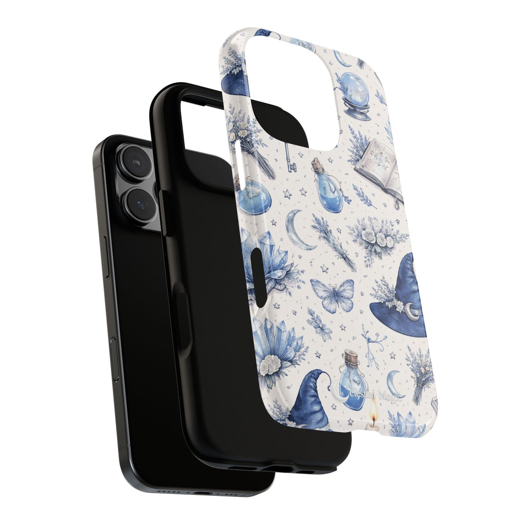 Mystic Blue Witchy Phone Case — Magical Crystal, Potion & Moon Pattern