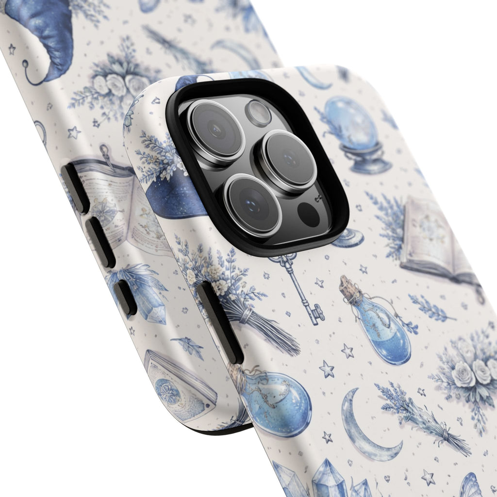 Mystic Blue Witchy Phone Case — Magical Crystal, Potion & Moon Pattern