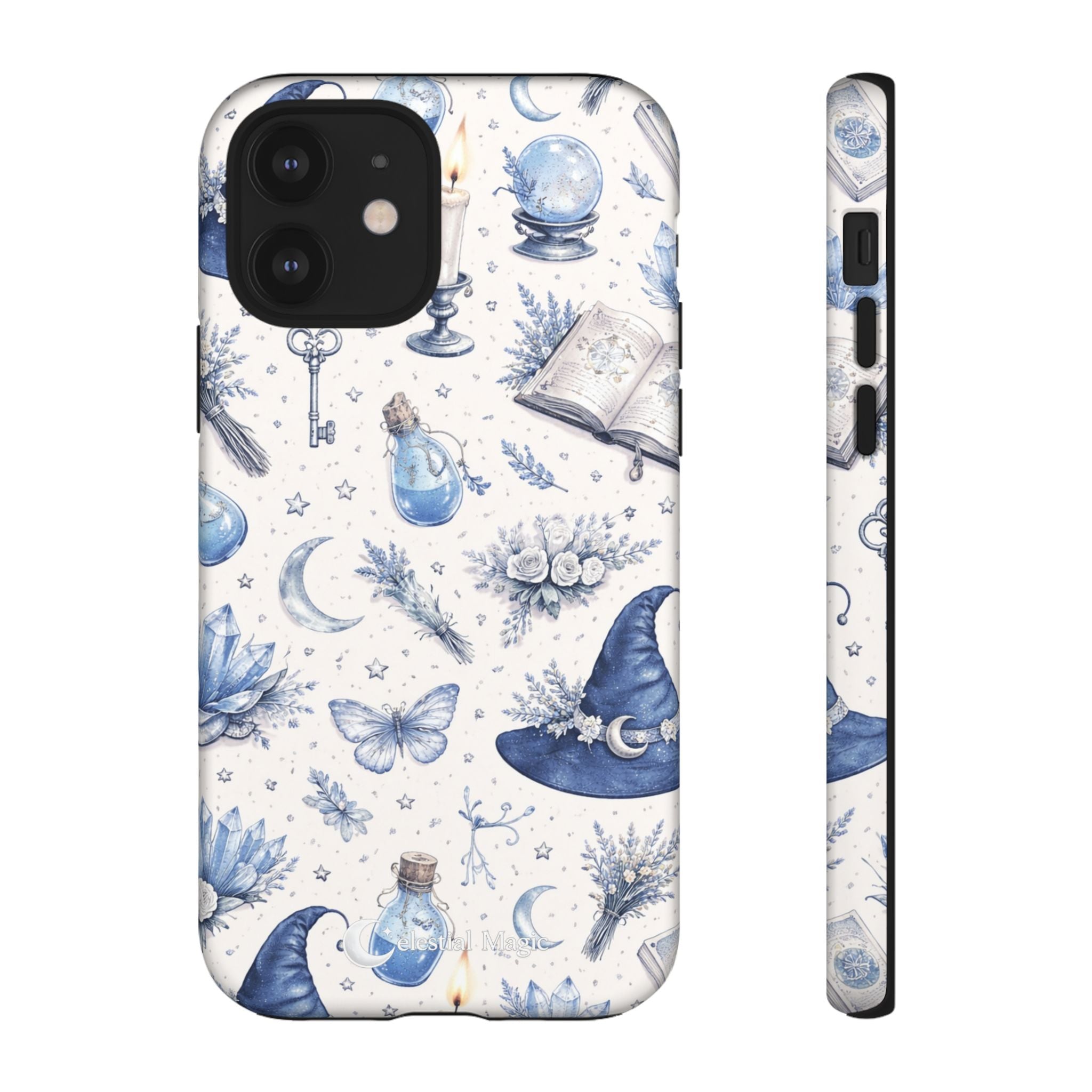 Mystic Blue Witchy Phone Case — Magical Crystal, Potion & Moon Pattern