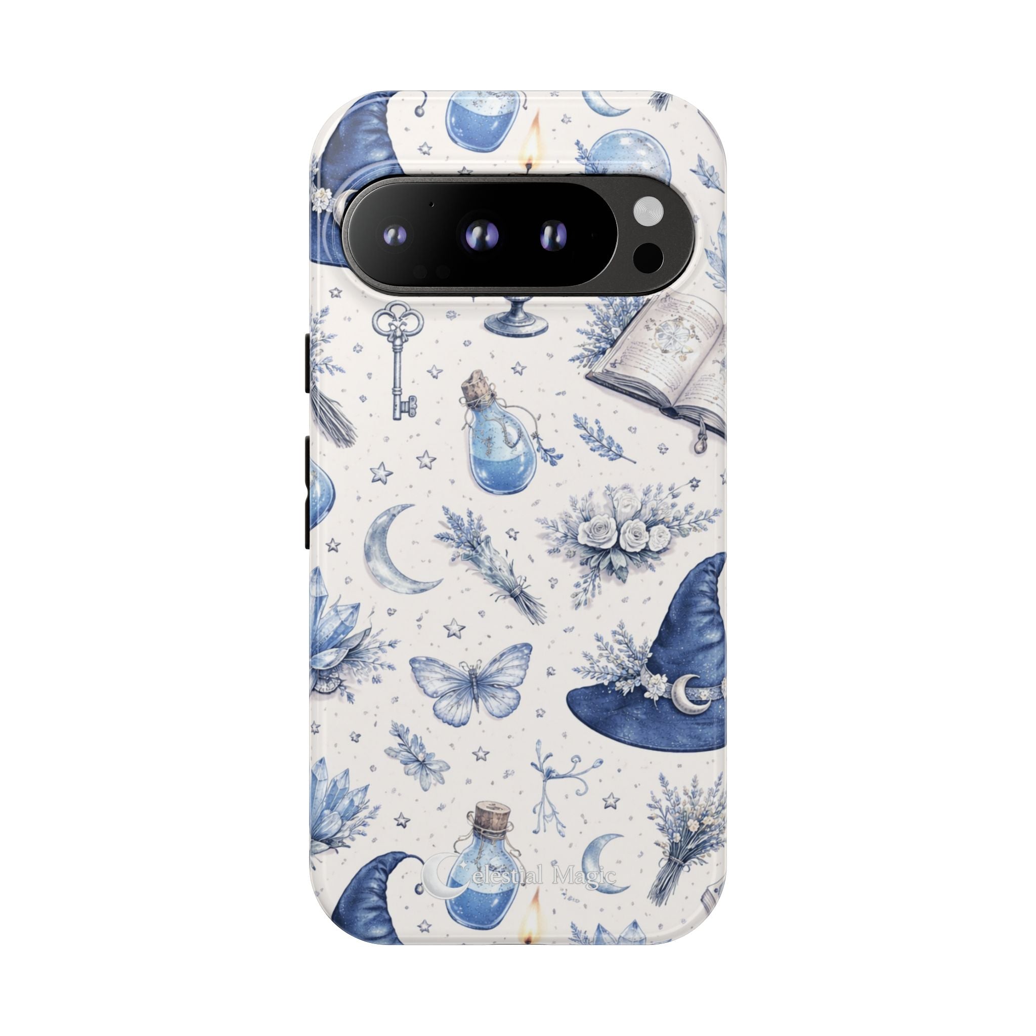 Mystic Blue Witchy Phone Case — Magical Crystal, Potion & Moon Pattern