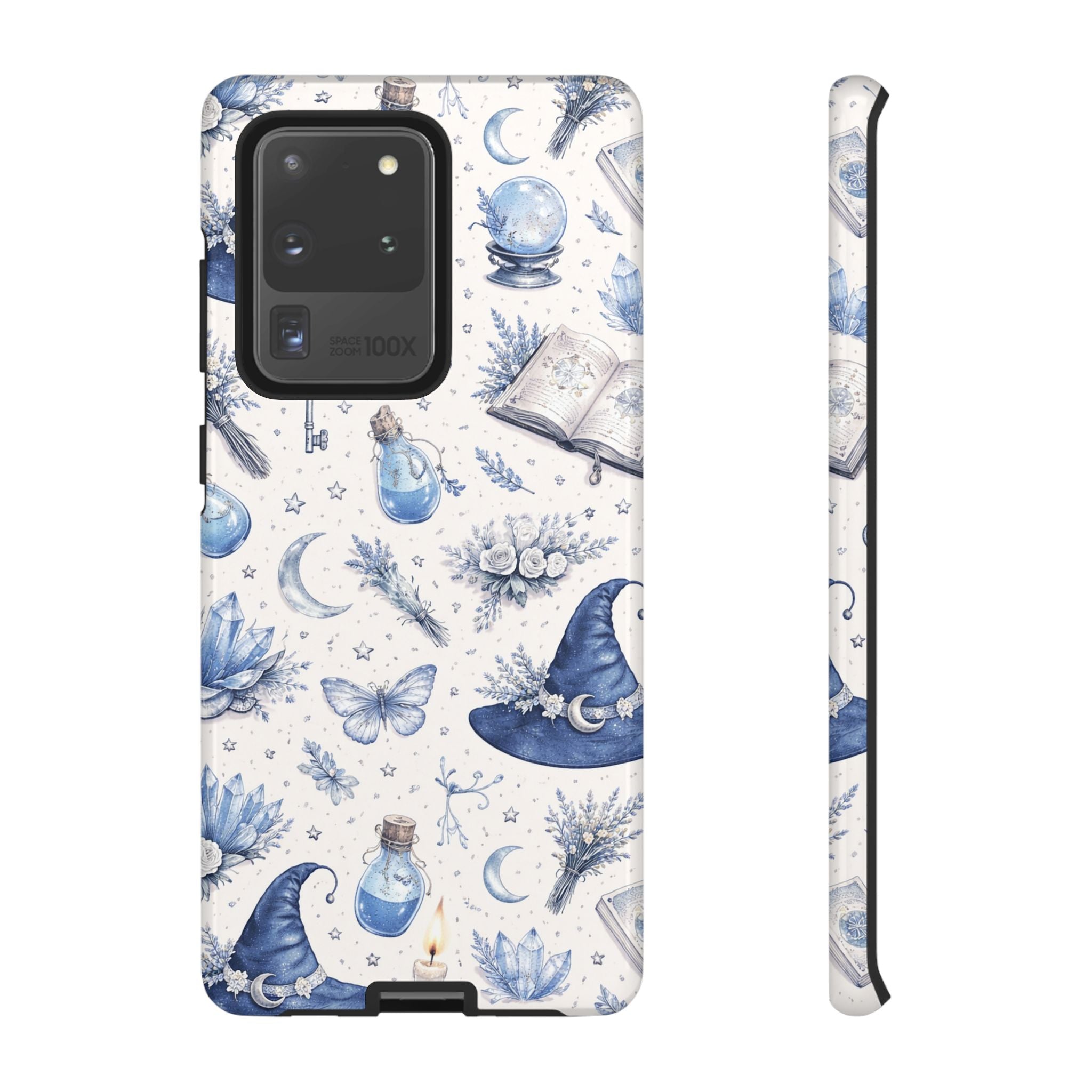 Mystic Blue Witchy Phone Case — Magical Crystal, Potion & Moon Pattern