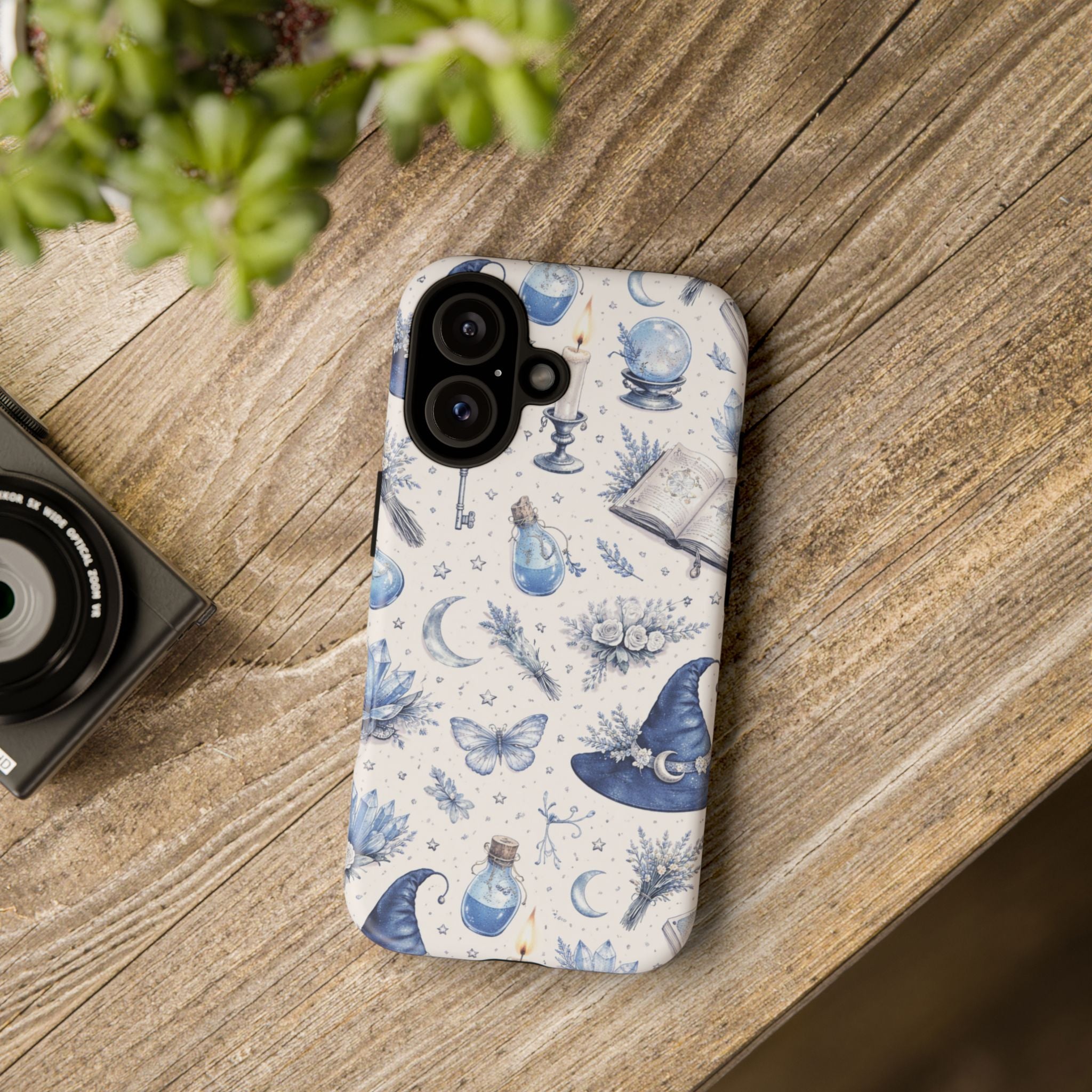 Mystic Blue Witchy Phone Case — Magical Crystal, Potion & Moon Pattern